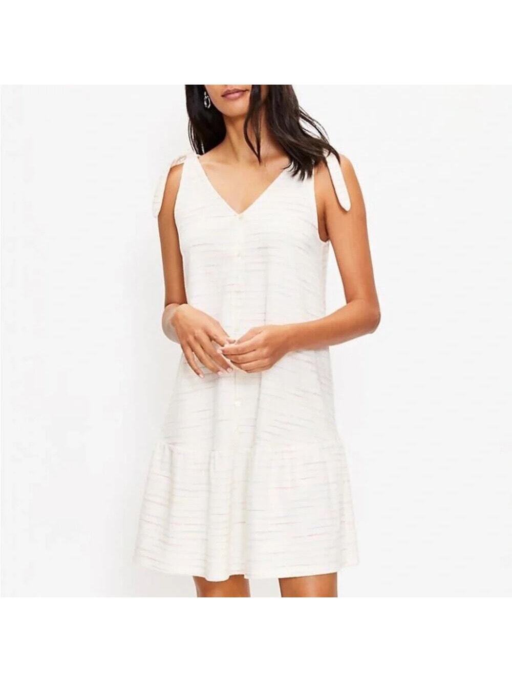 Loft EUC Women's Ivory Multicolor Flouce Hem Bow Straps Dress Size L Tall